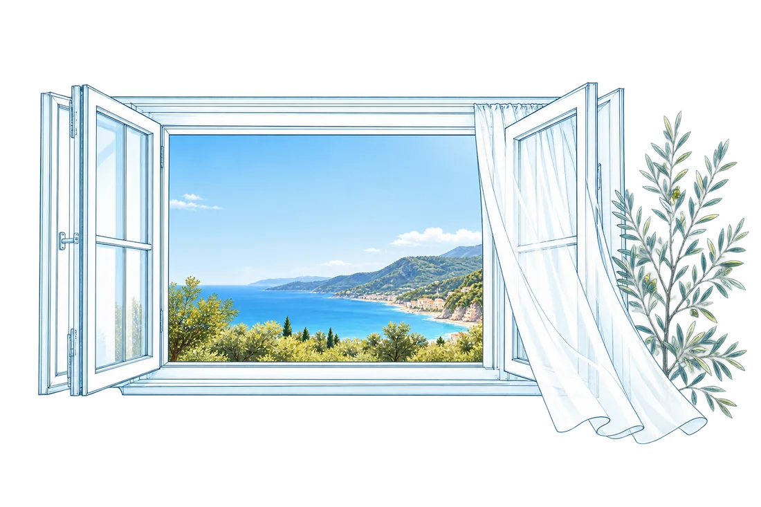 Illustrazione di una finestra aperta sul mare, con una tenda mossa dal vento e un ramo d’ulivo