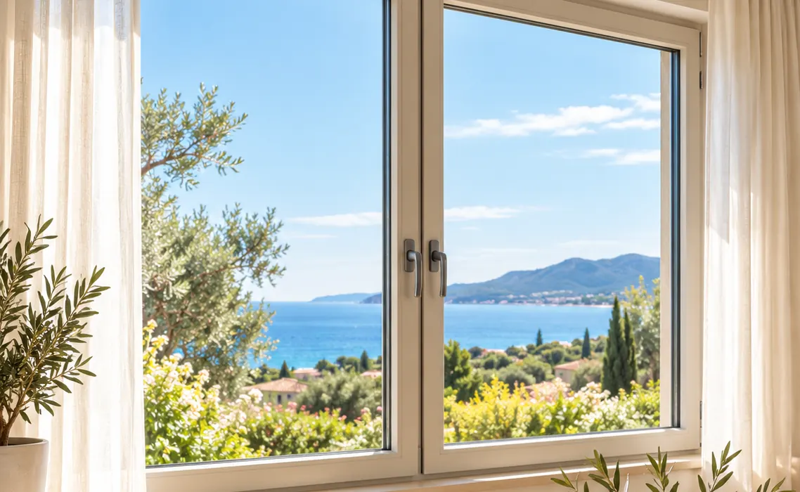 Soggiorno luminoso con finestre a tutta altezza e vista sul mare