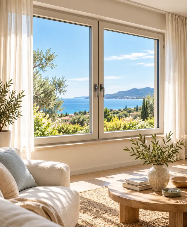 Soggiorno luminoso con finestre a tutta altezza e vista sul mare
