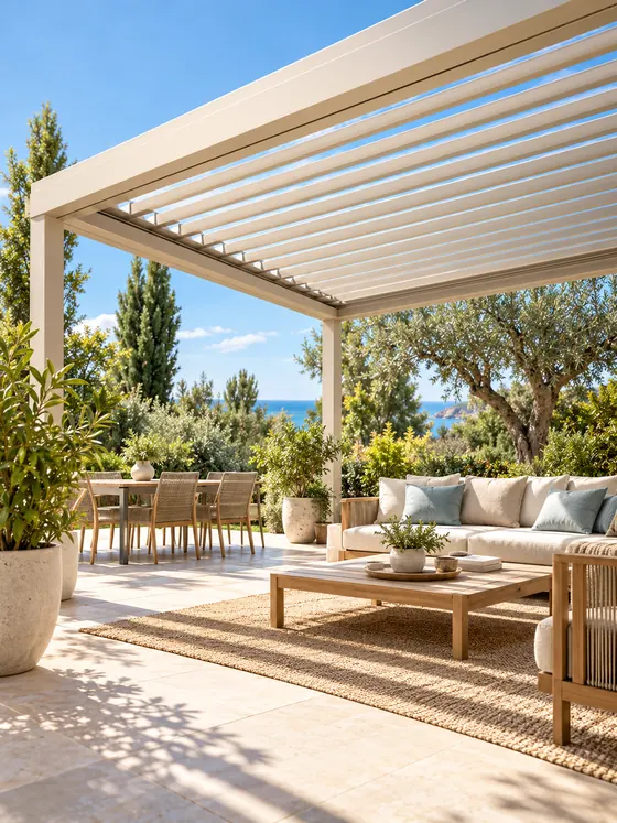 Pergola bioclimatica sopra un salotto all’aperto