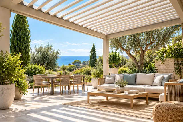 Pergola bioclimatica con le lamelle sopra un patio arredato