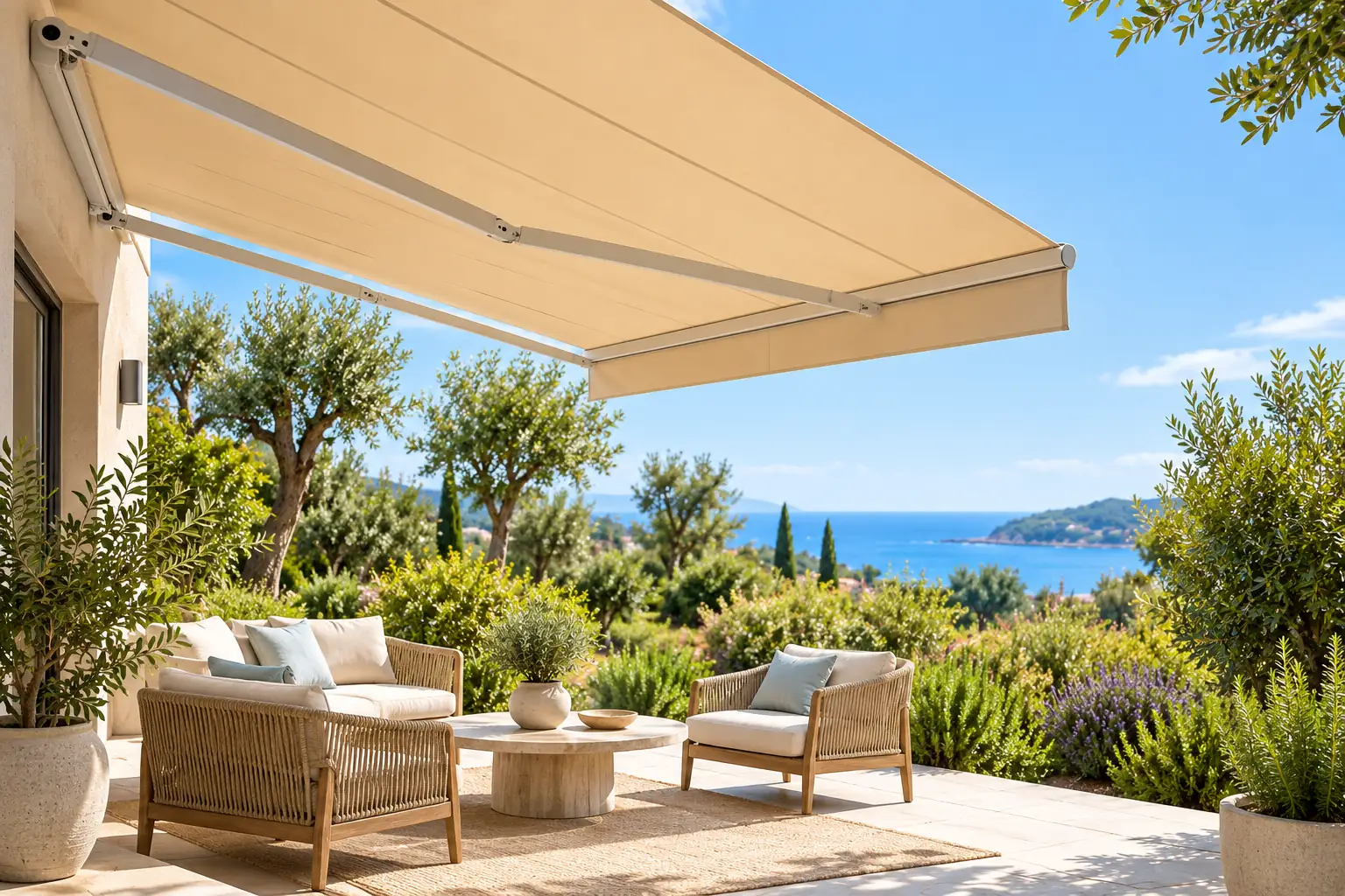 Tenda da sole aperta sopra un terrazzo arredato, con vista sul mare